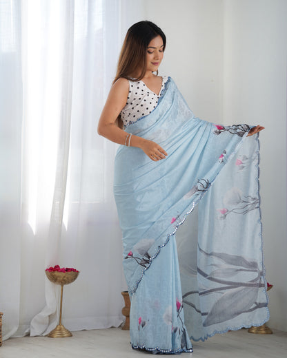 Elegant Sky Blue Chinon Saree with Mirror Work for Women