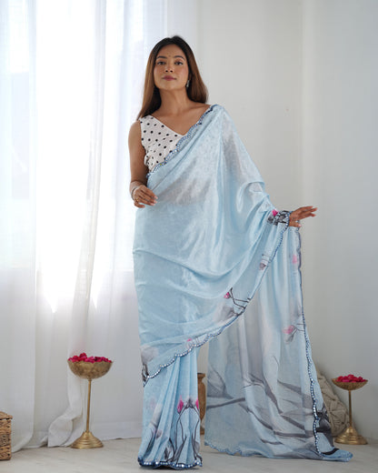 Elegant Sky Blue Chinon Saree with Mirror Work for Women