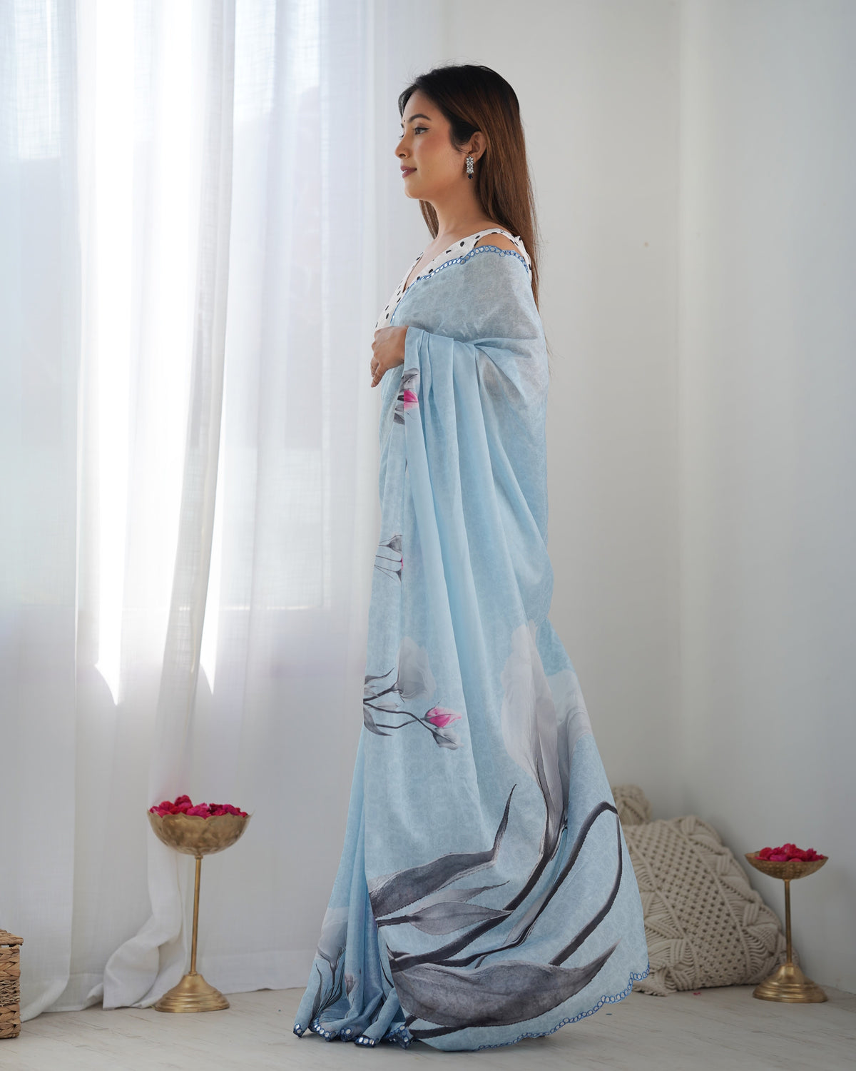 Elegant Sky Blue Chinon Saree with Mirror Work for Women