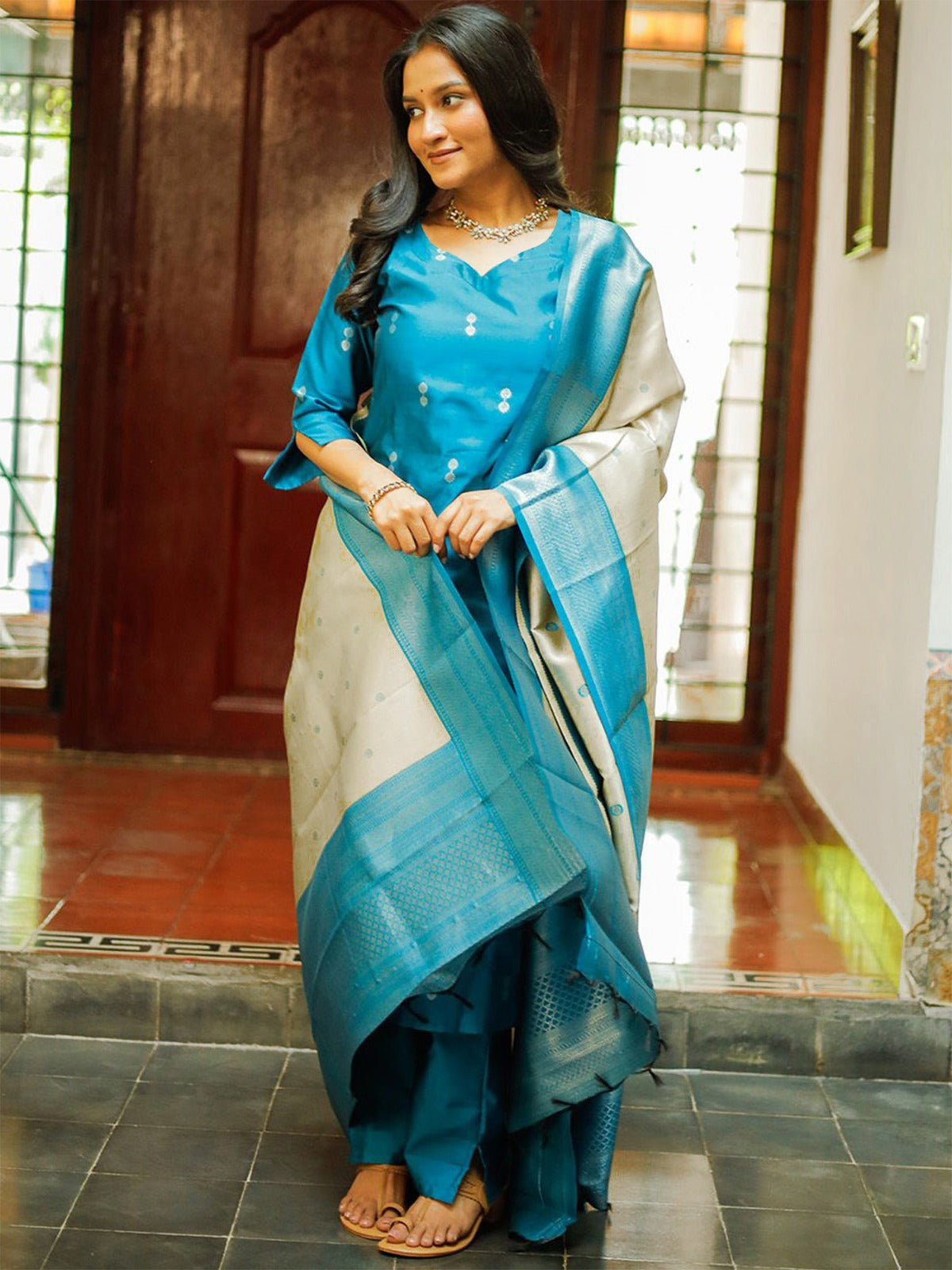 Elegant Sky Blue Woven Ethnic Suit Set