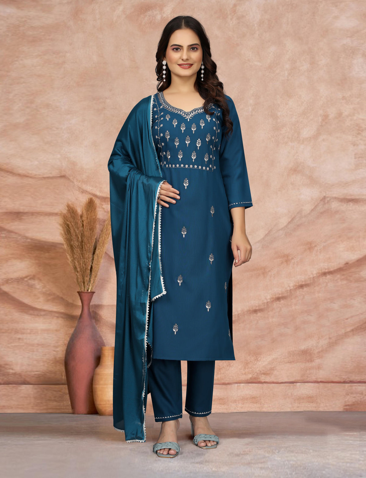 Elegant Teal Embroidered Kurta Pant Dupatta Set for Women