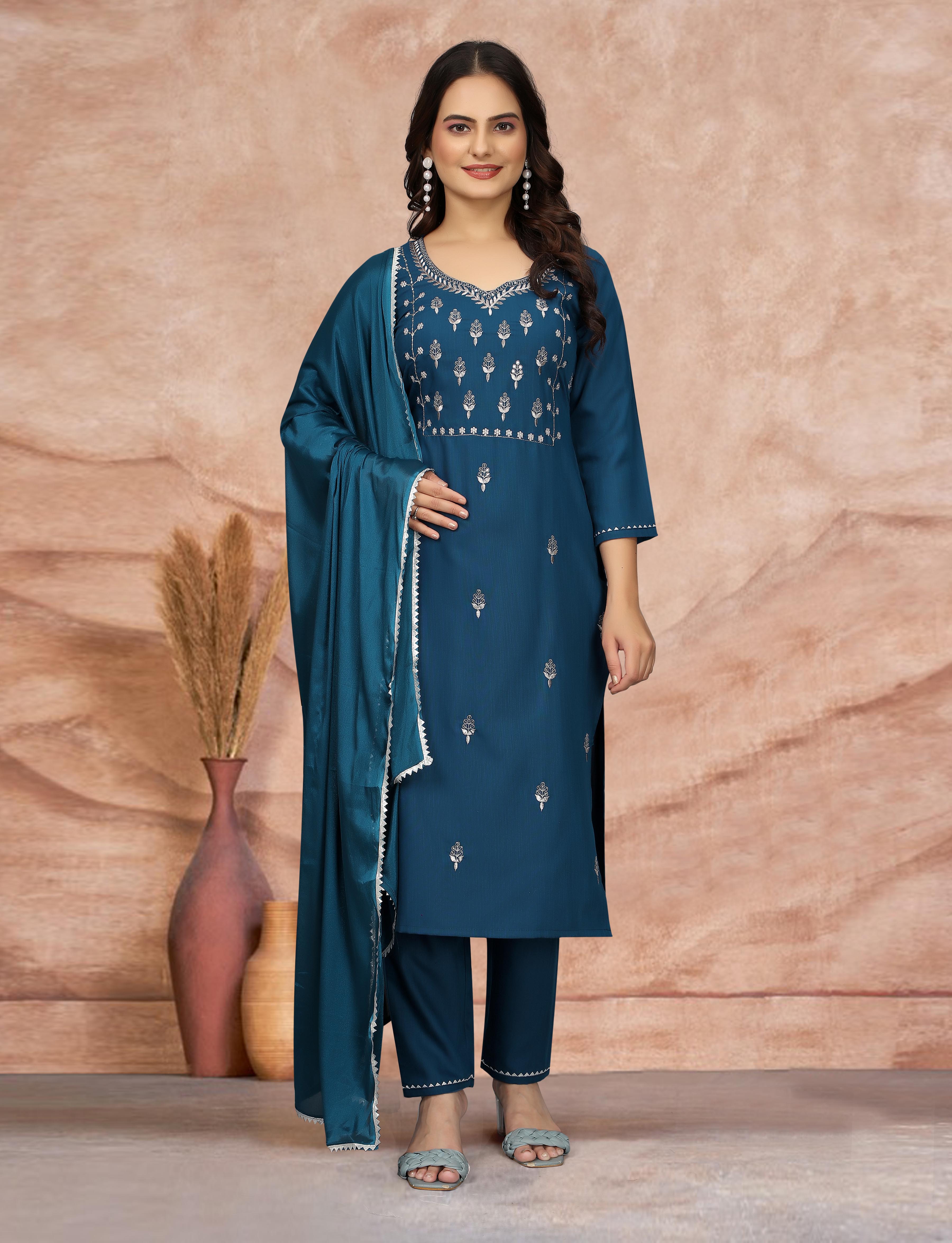 Elegant Teal Embroidered Kurta Pant Dupatta Set