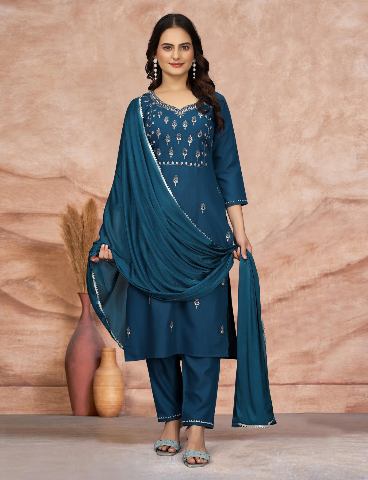 Elegant Teal Embroidered Kurta Pant Dupatta Set for Women