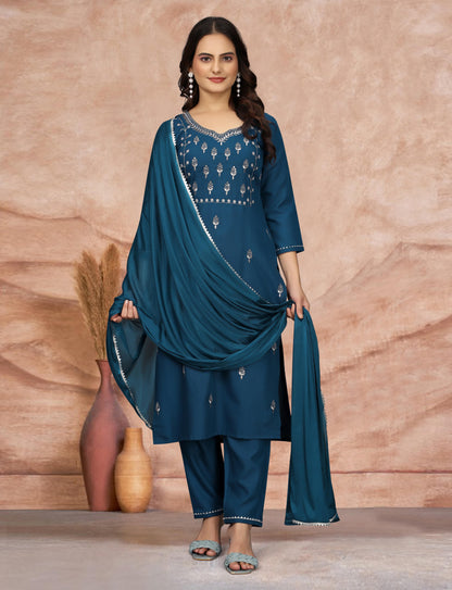 Elegant Teal Embroidered Kurta Pant Dupatta Set for Women