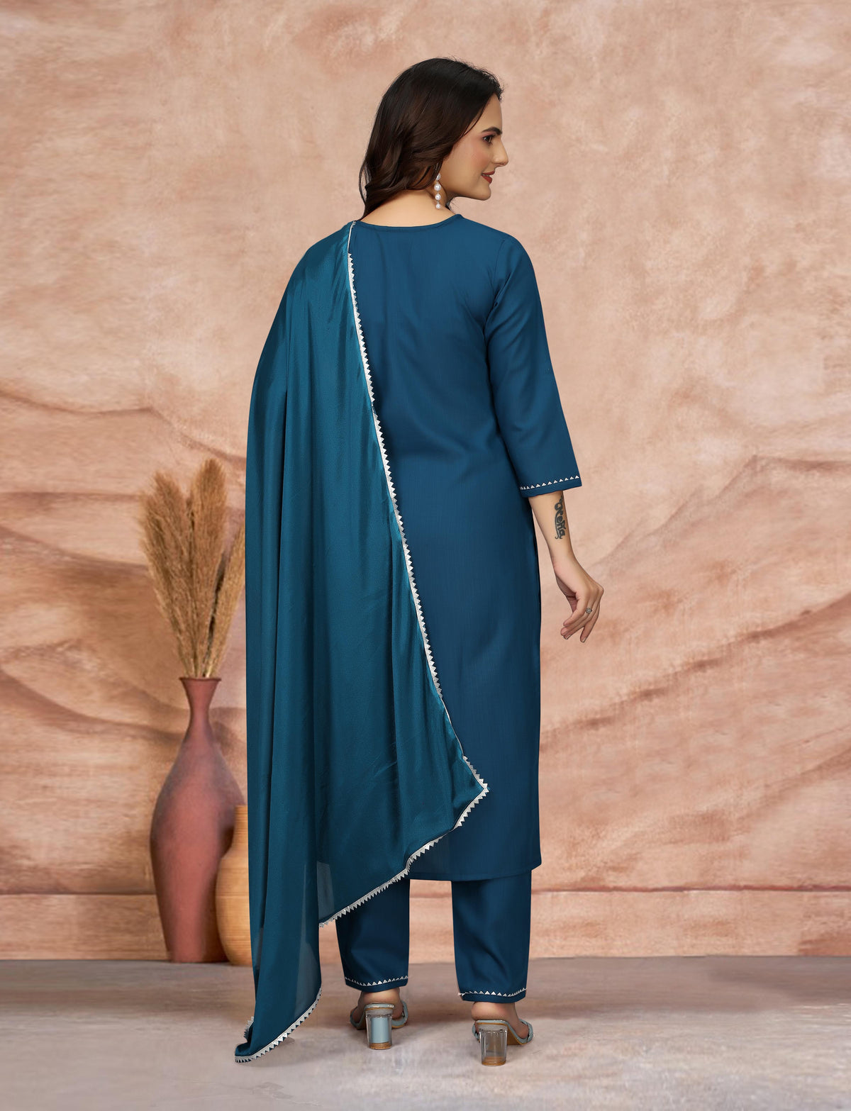 Elegant Teal Embroidered Kurta Pant Dupatta Set for Women