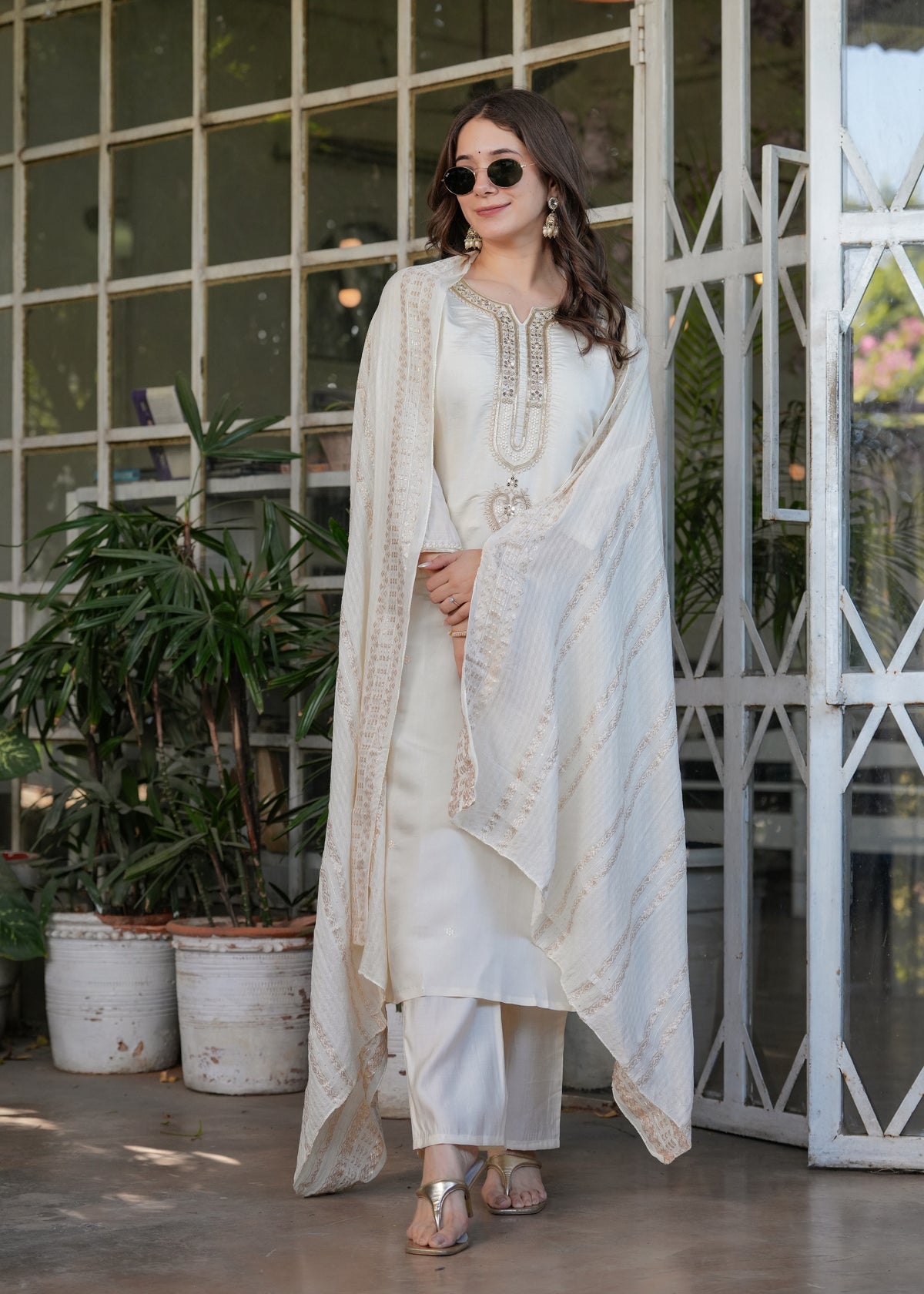 Elegant White Chanderi Threadwork Suit with Dupatta for Women