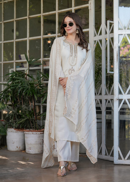 Elegant White Chanderi Threadwork Suit with Dupatta for Women