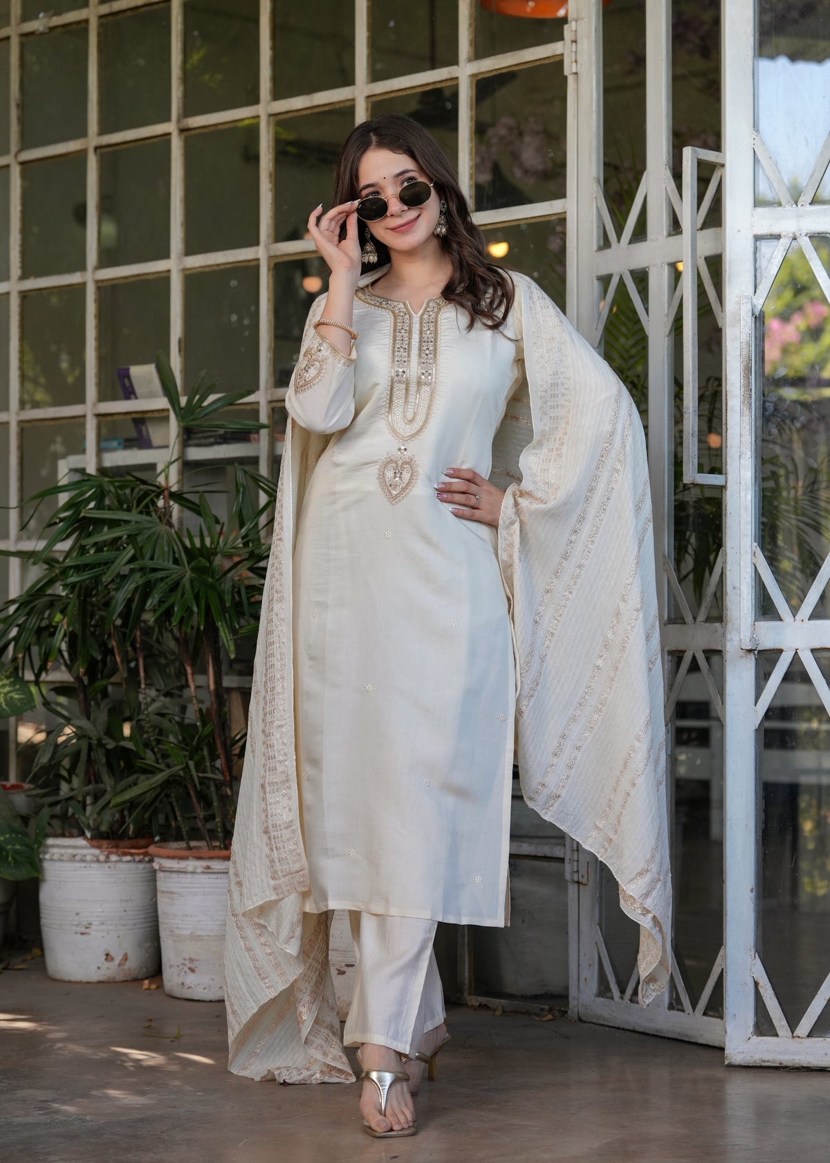 Elegant White Chanderi Threadwork Suit with Dupatta for Women