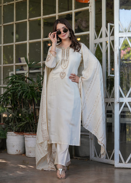 Elegant White Chanderi Threadwork Suit with Dupatta for Women