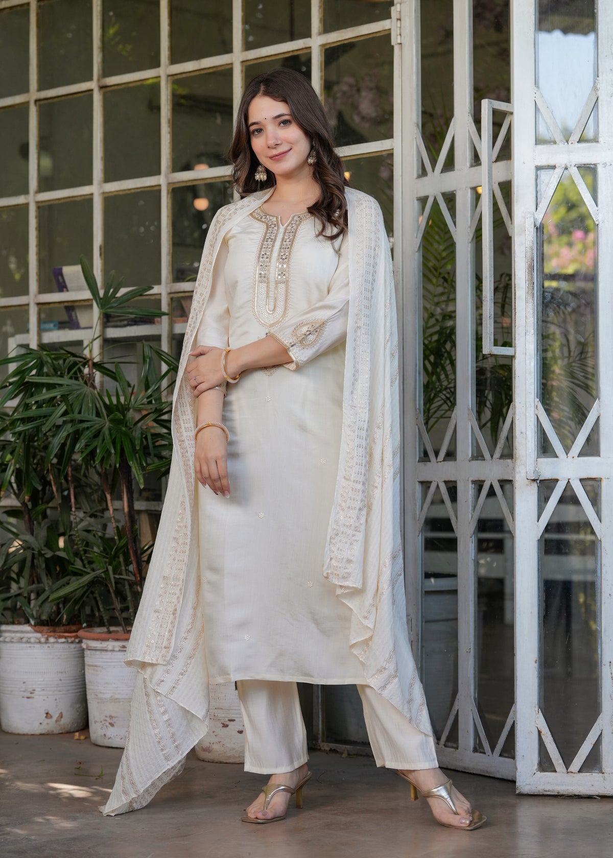 Elegant White Chanderi Threadwork Suit with Dupatta for Women