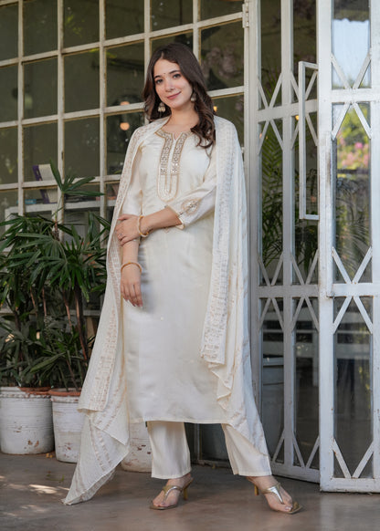 Elegant White Chanderi Threadwork Suit with Dupatta for Women