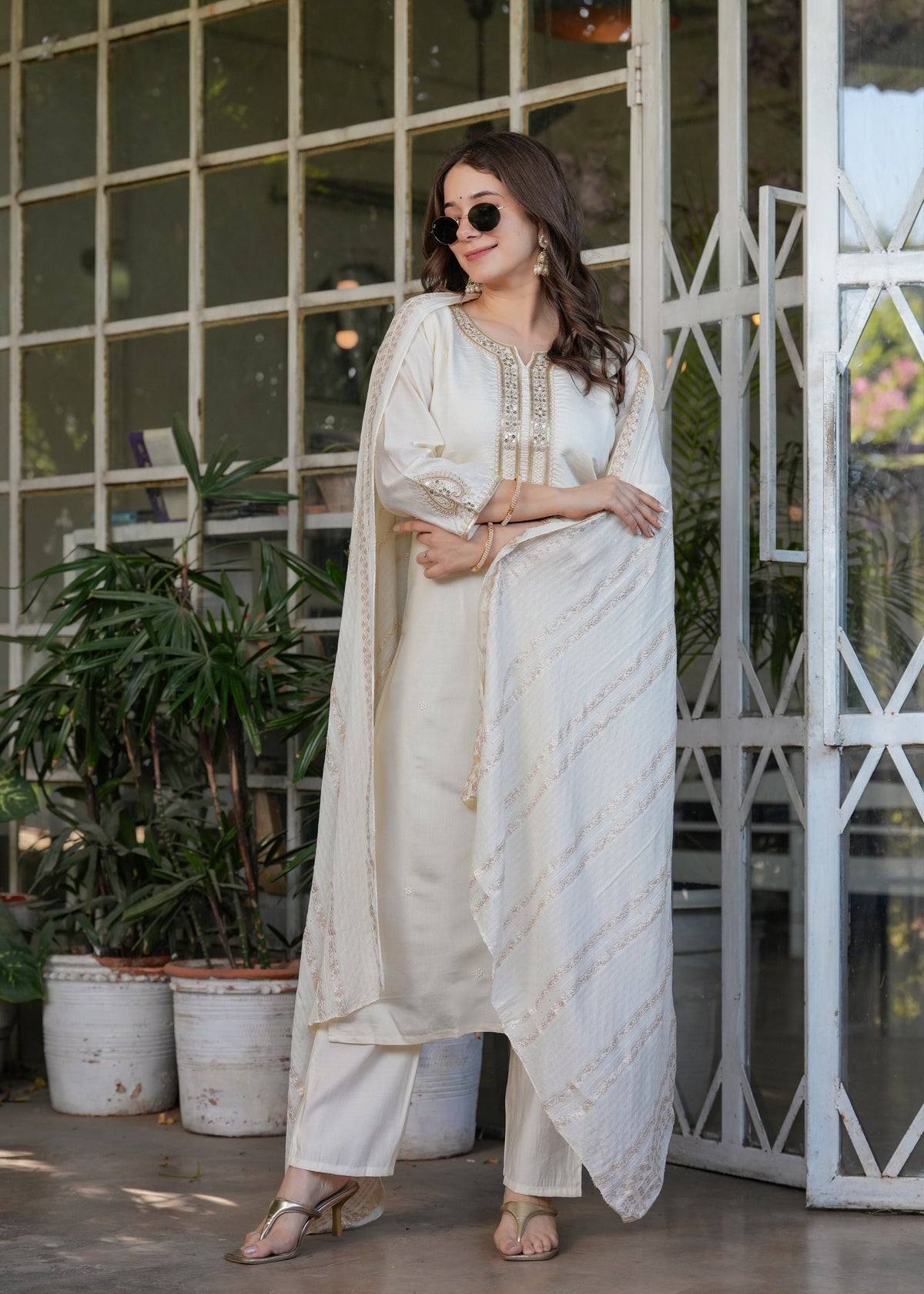 Elegant White Chanderi Threadwork Suit with Dupatta for Women