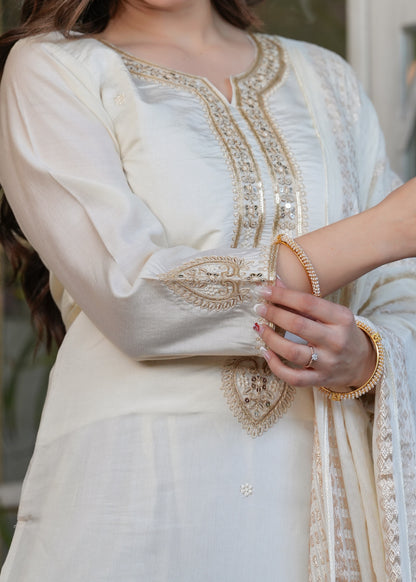 Elegant White Chanderi Threadwork Suit with Dupatta for Women