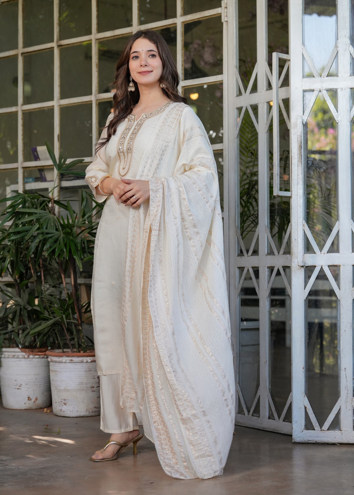 Elegant White Chanderi Threadwork Suit with Dupatta for Women