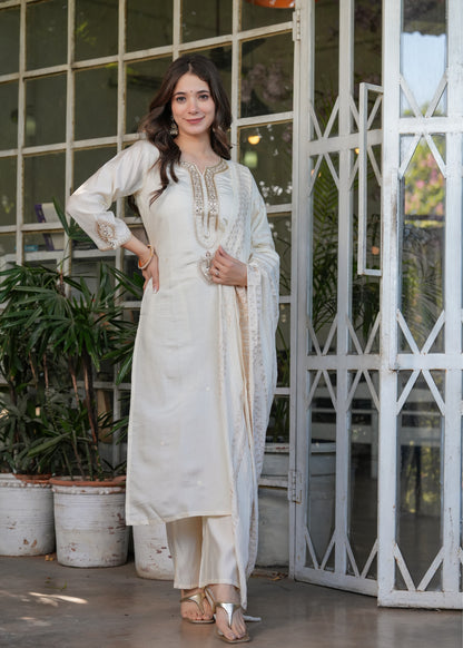 Elegant White Chanderi Threadwork Suit with Dupatta for Women