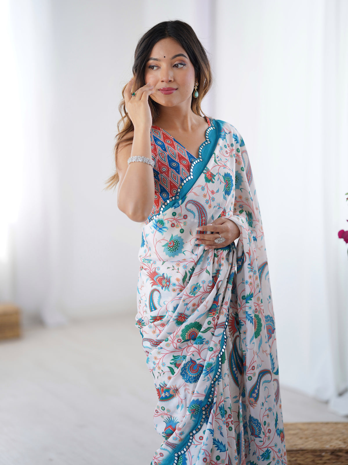 Elegant White Heavy Chinon Party Wear Saree for Women