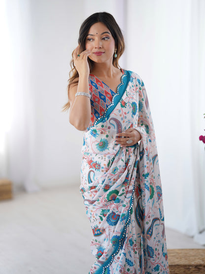 Elegant White Heavy Chinon Party Wear Saree for Women