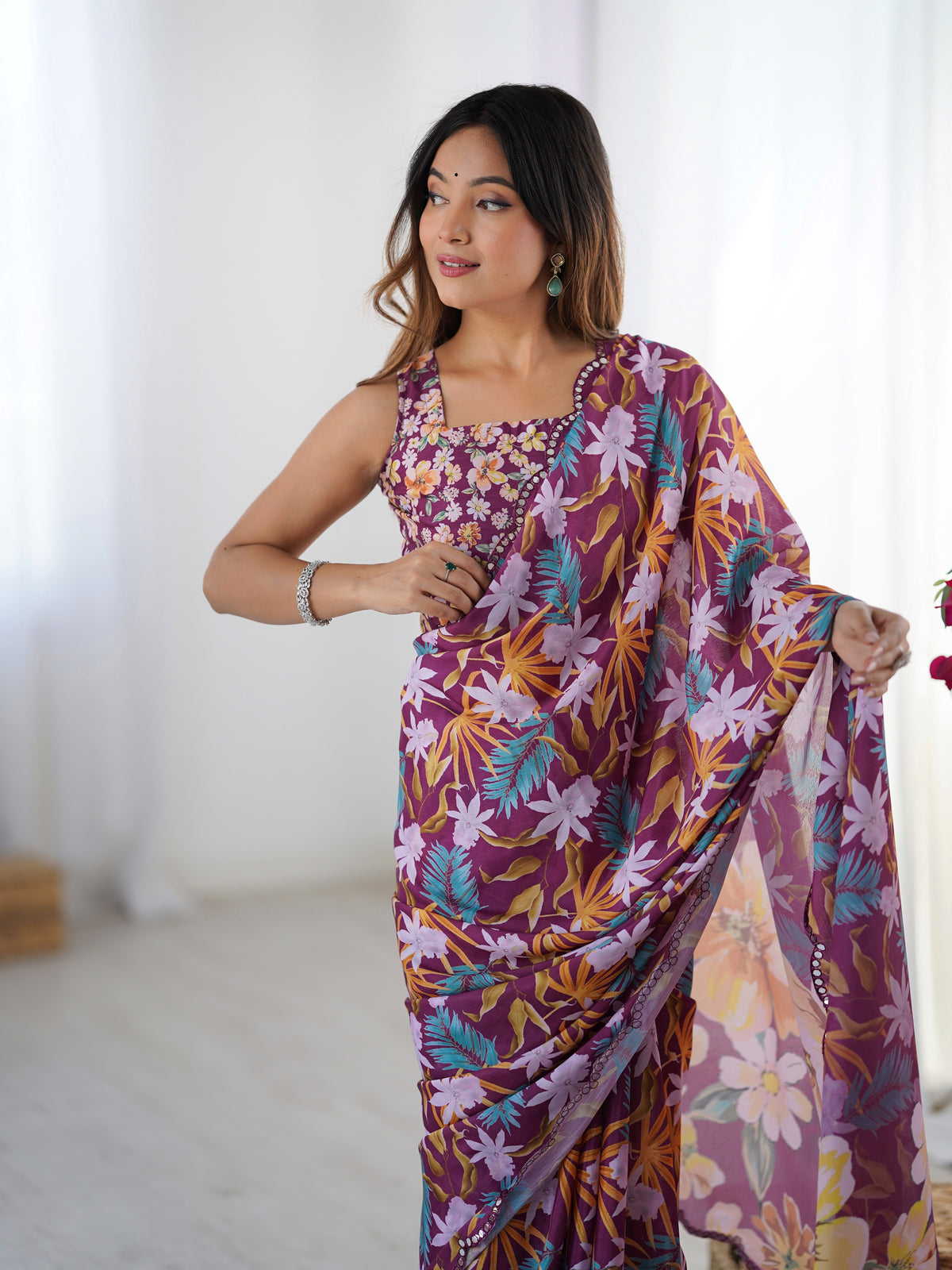 Elegant Wine Printed Chinon Saree with Fancy Border for Women