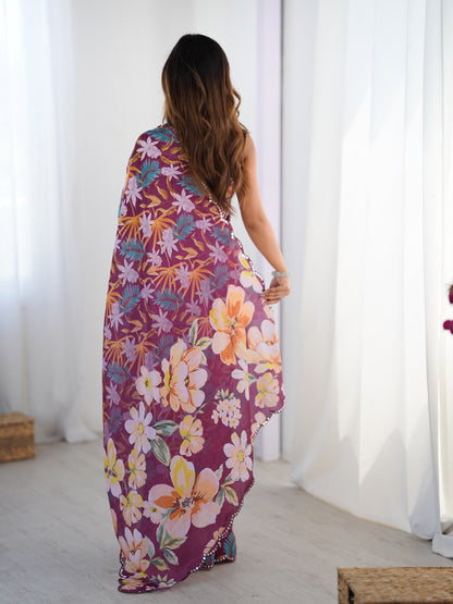 Elegant Wine Printed Chinon Saree with Fancy Border for Women