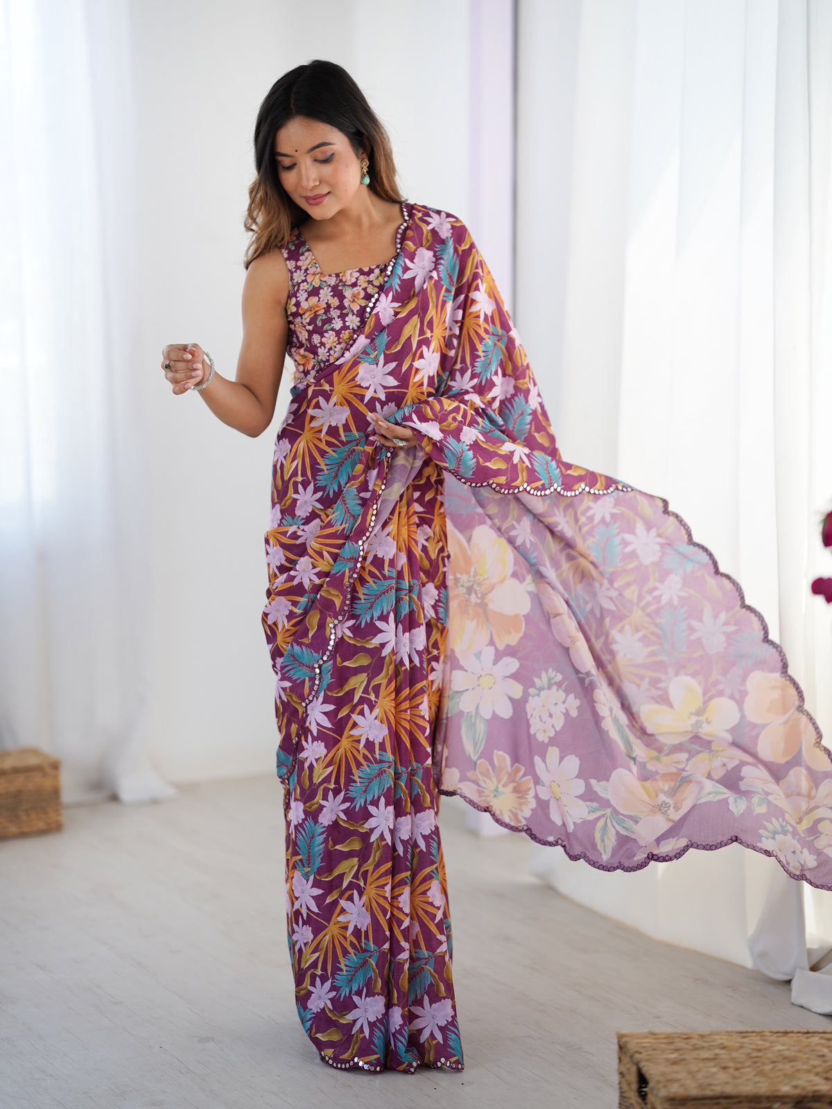 Elegant Wine Printed Chinon Saree with Fancy Border for Women