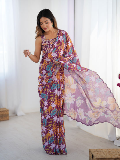 Elegant Wine Printed Chinon Saree with Fancy Border for Women