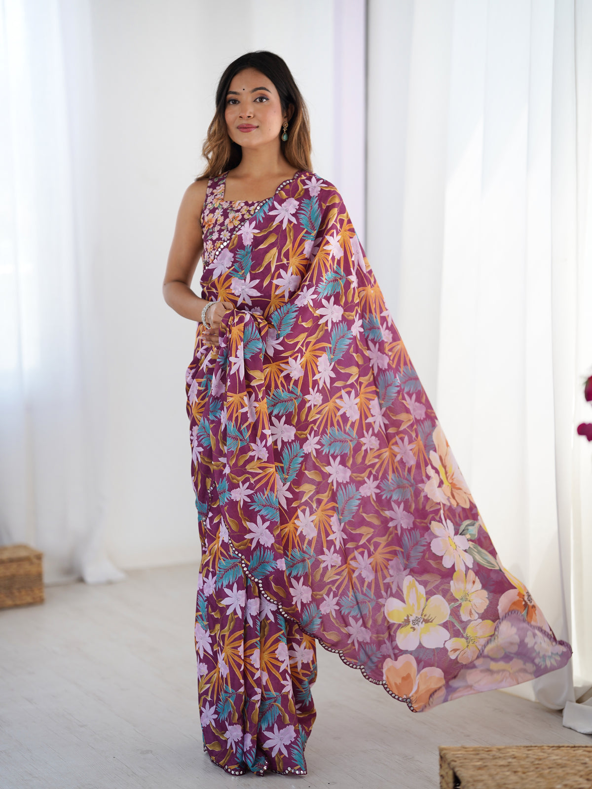 Elegant Wine Printed Chinon Saree with Fancy Border for Women