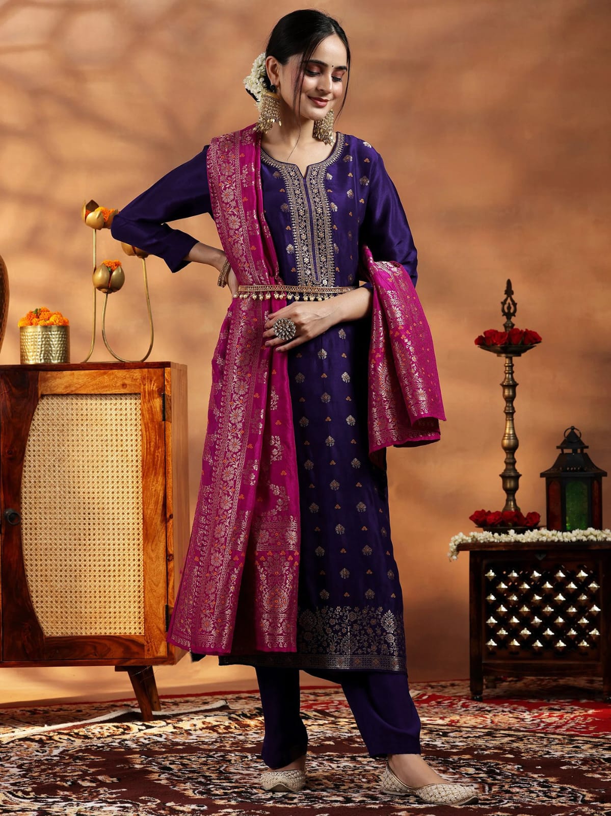 Violet Embroidered Art Silk Kurta Set for Women