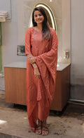 Rust Embroidered Cotton Straight Kurta Set with Dupatta