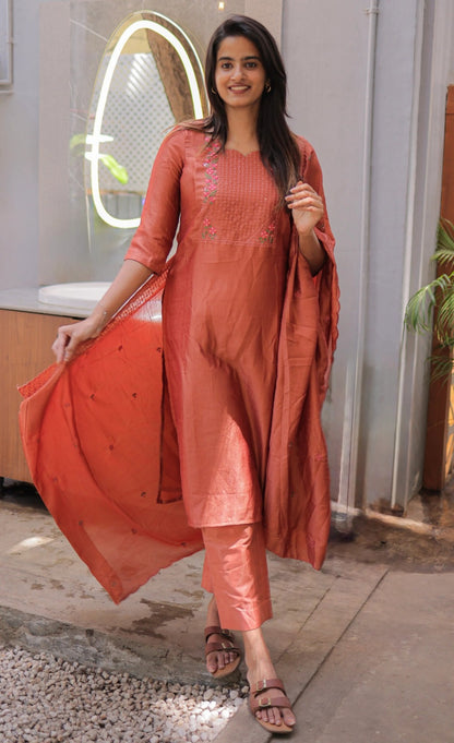 Rust Embroidered Cotton Straight Kurta Set with Dupatta for Women