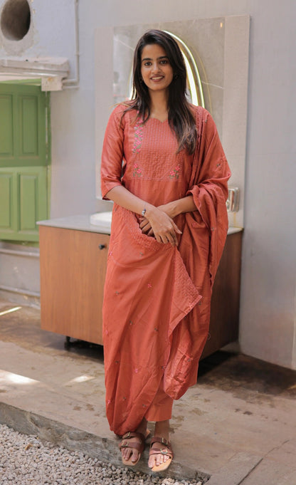 Rust Embroidered Cotton Straight Kurta Set with Dupatta for Women