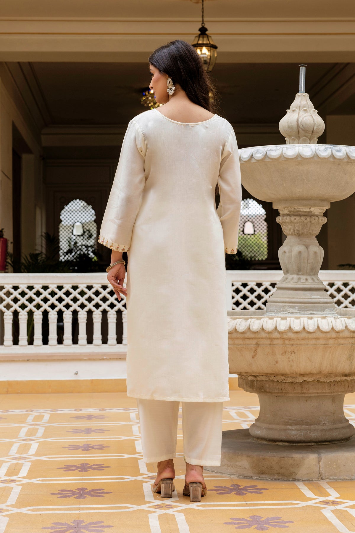 Cream Embroidered Chanderi Kurti Pant Dupatta Set for Women