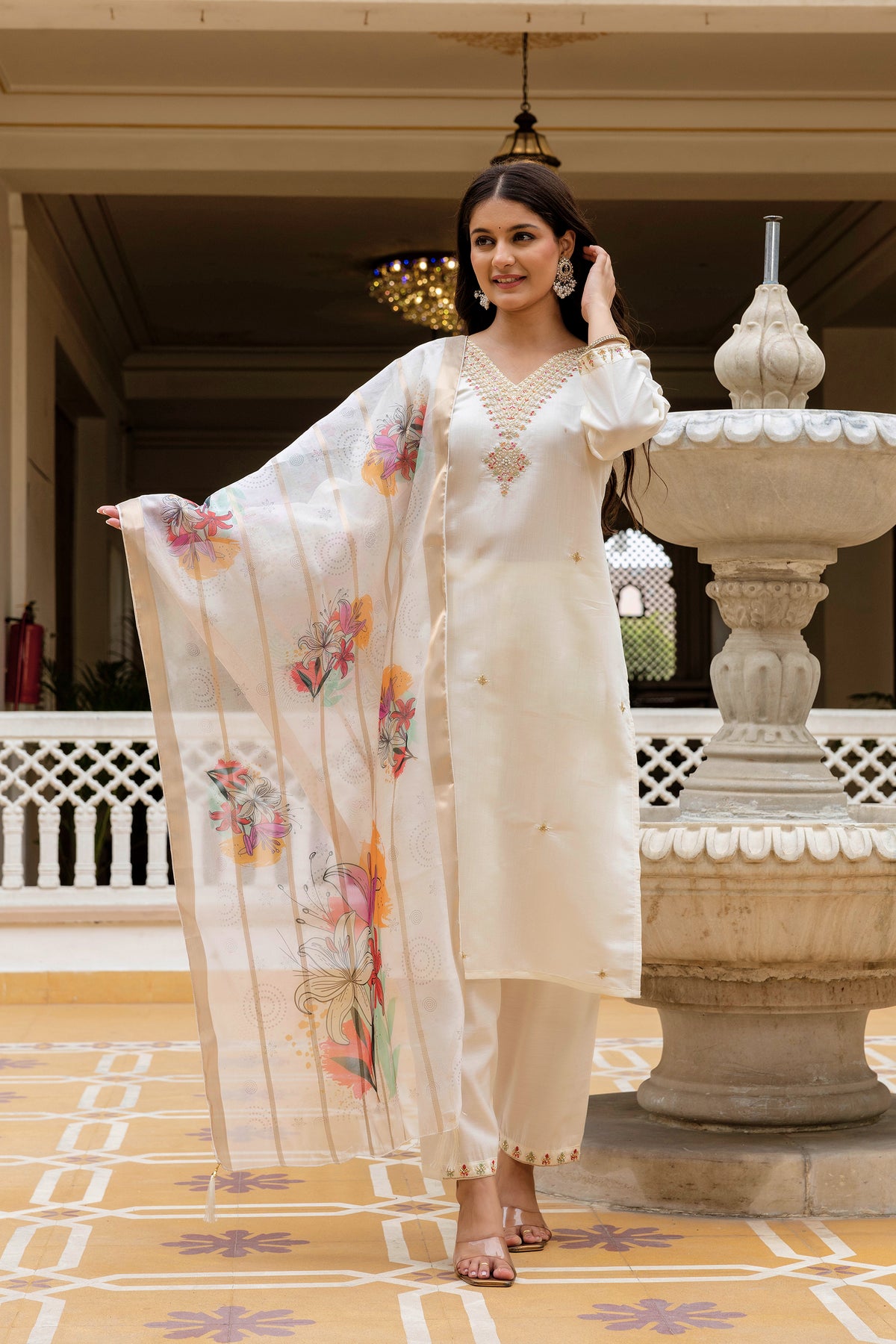 Cream Embroidered Chanderi Kurti Pant Dupatta Set for Women