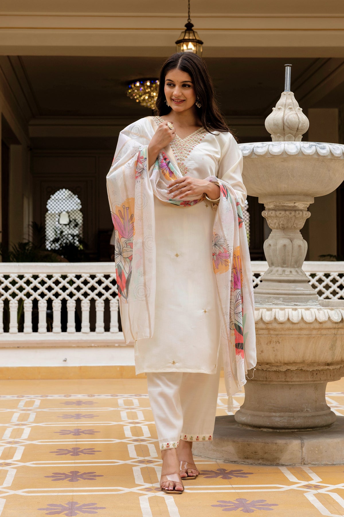 Cream Embroidered Chanderi Kurti Pant Dupatta Set for Women