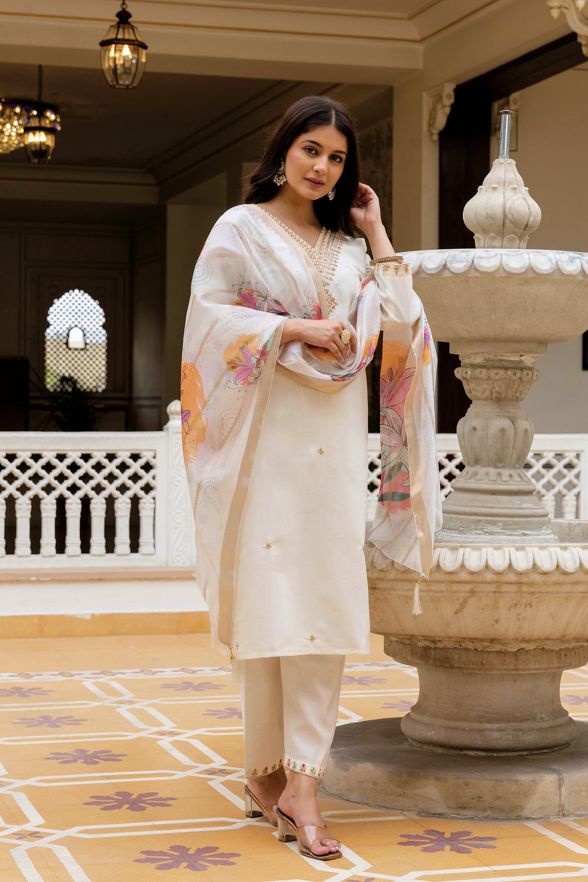 Cream Embroidered Chanderi Kurti Pant Dupatta Set for Women