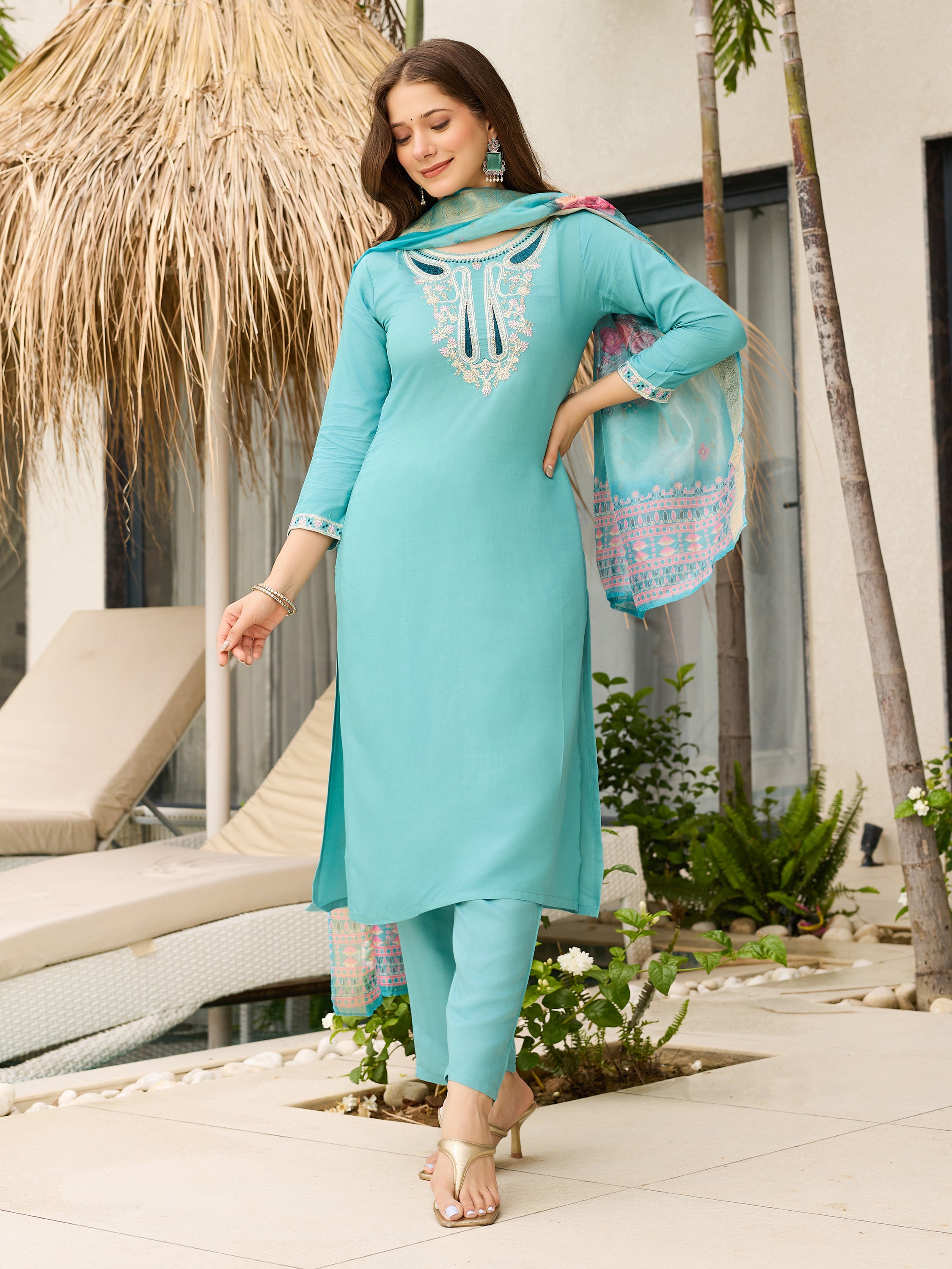Viscose Embroidered Kurti Pant Set with Organza Dupatta for Women