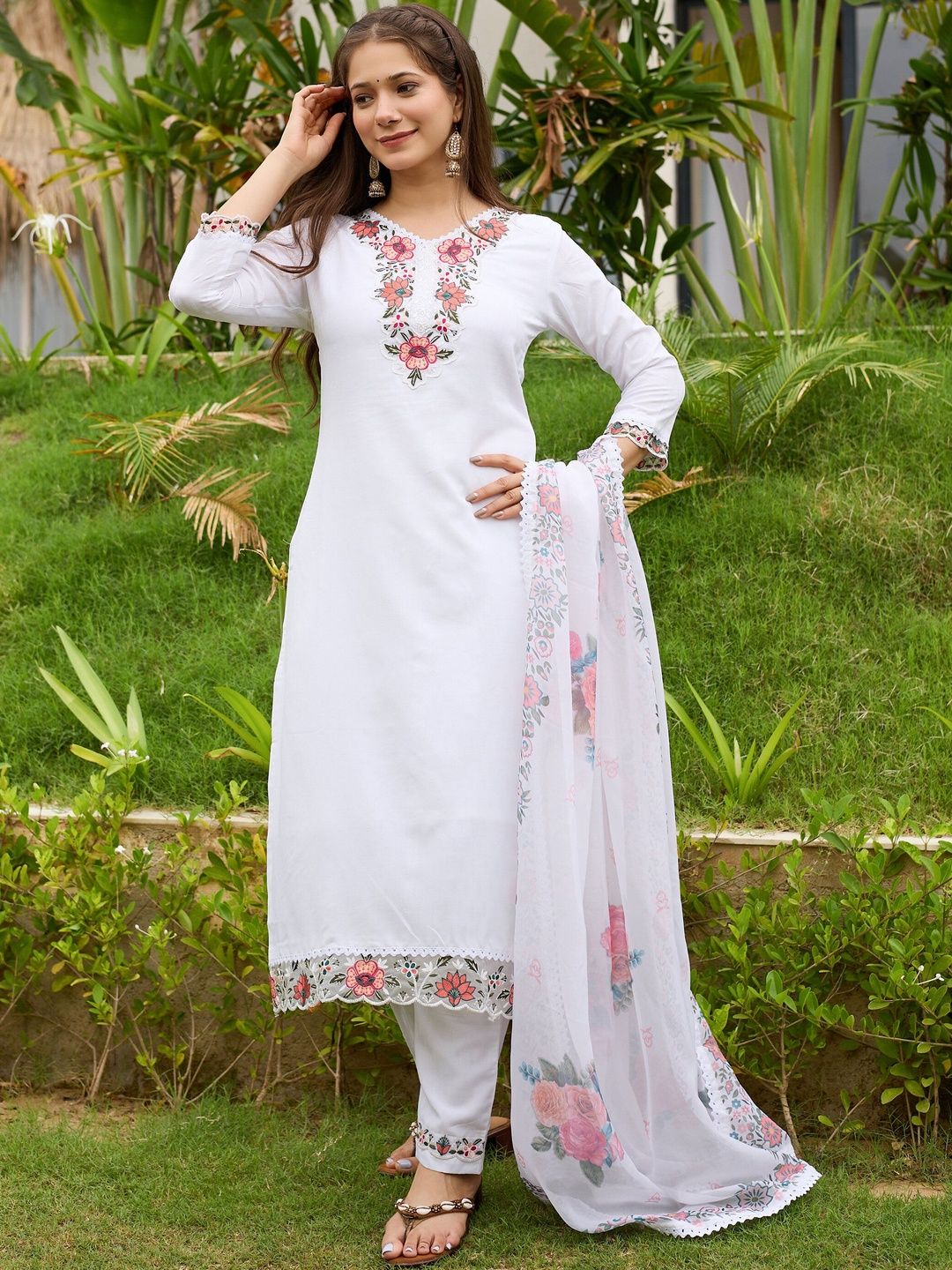 Embroidered Kurti Pant Set with Taby Dupatta for Women