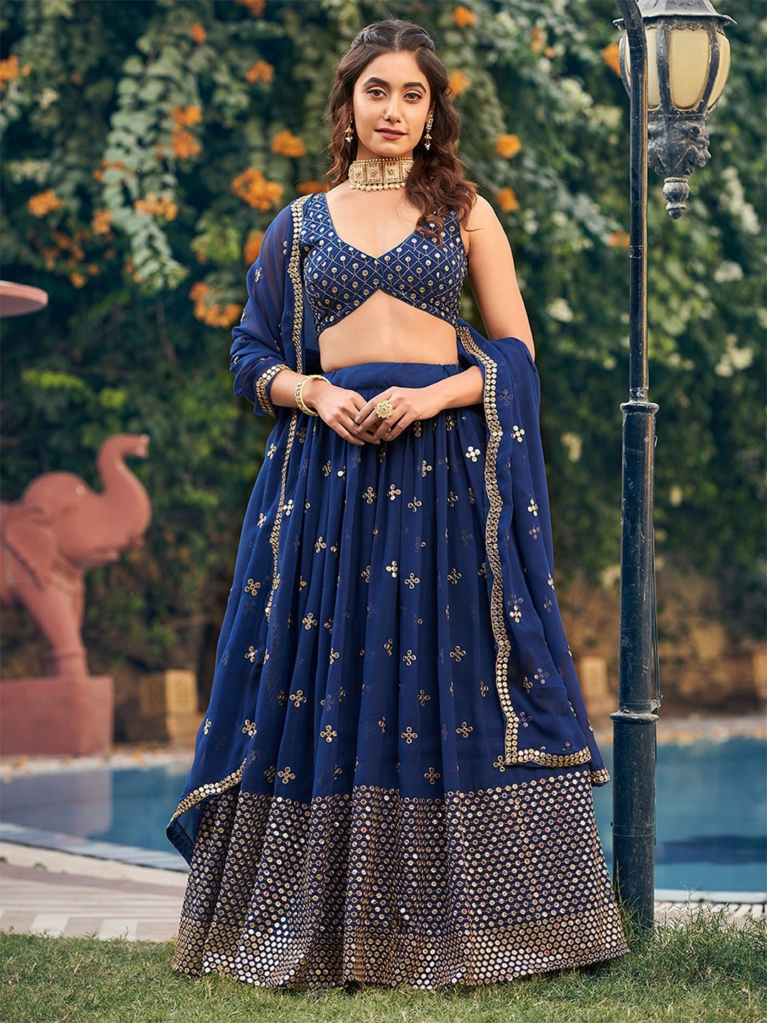 Embroidered Sequinned Semi-Stitched Lehenga Set for Women