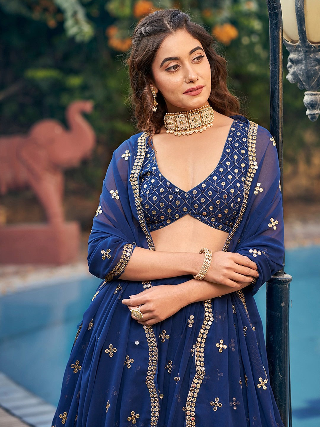 Embroidered Sequinned Semi-Stitched Lehenga Set for Women