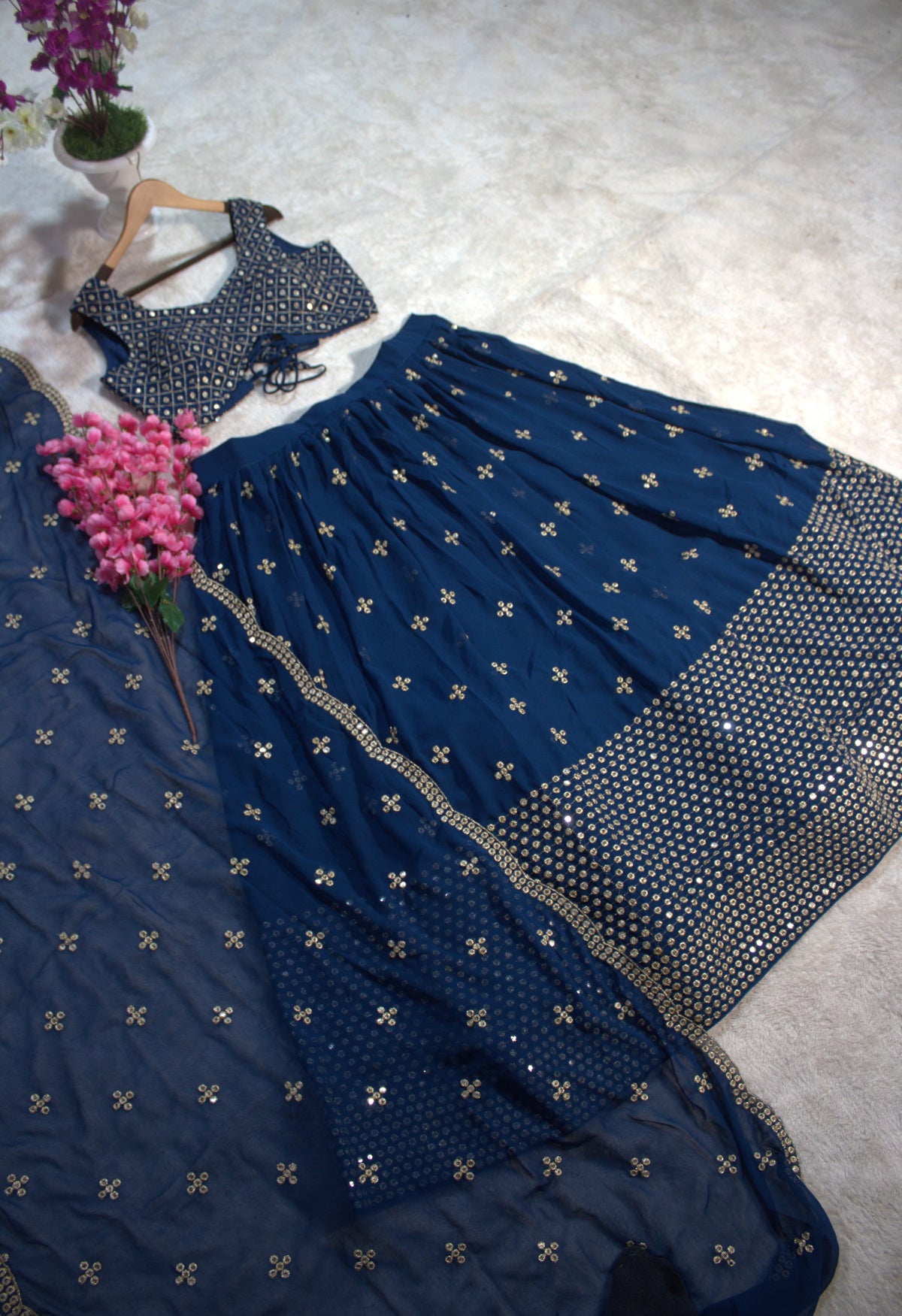 Embroidered Sequinned Semi-Stitched Lehenga Set for Women