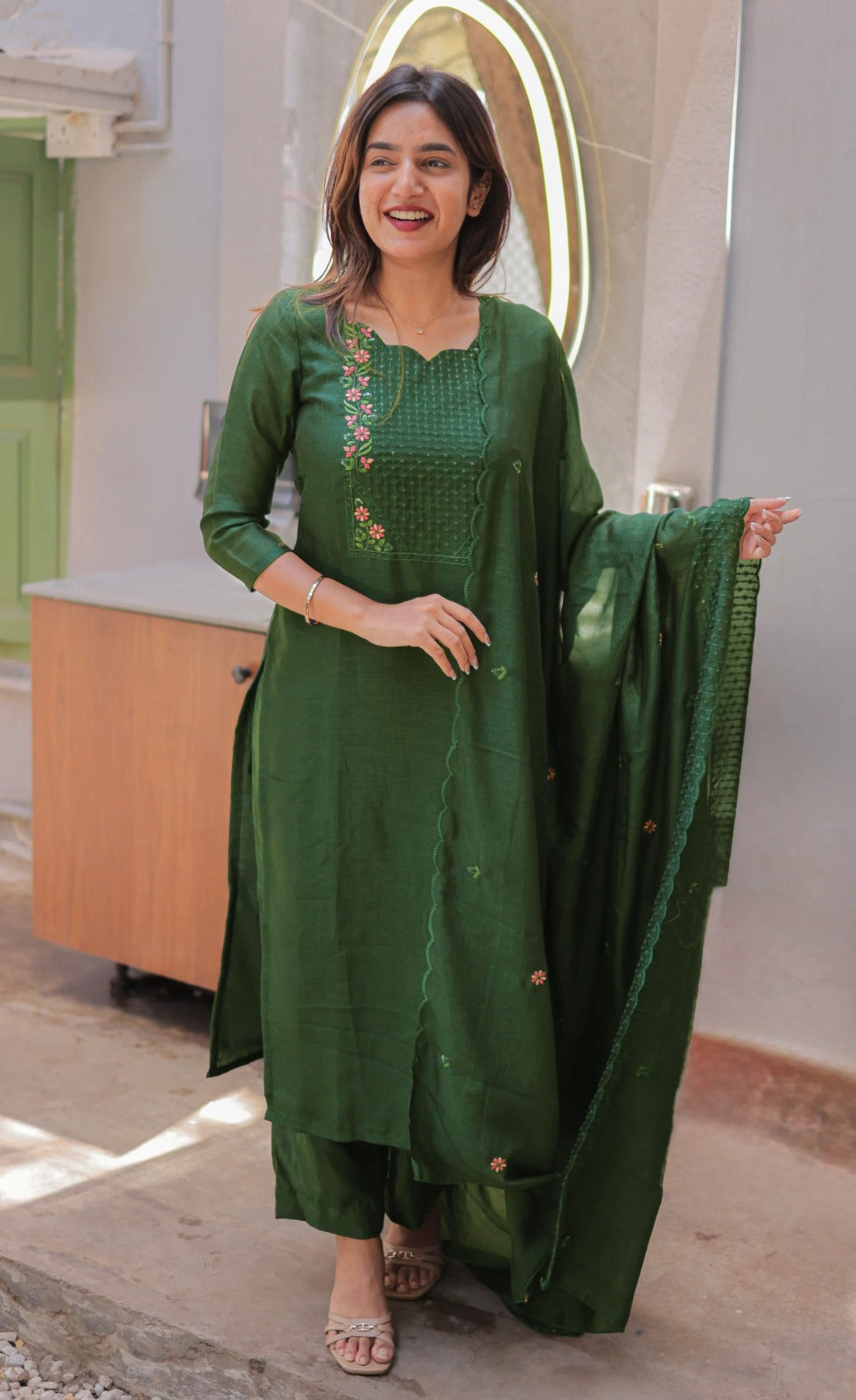 Emerald Green Cotton Kurta Set with Chanderi Dupatta