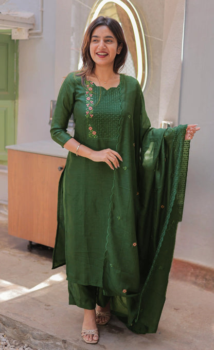 Emerald Green Cotton Kurta Set with Chanderi Dupatta for Women