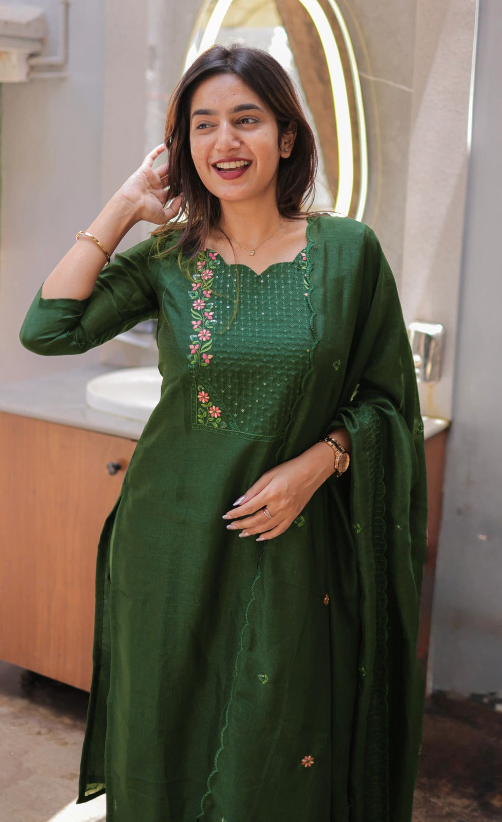 Emerald Green Cotton Kurta Set with Chanderi Dupatta for Women