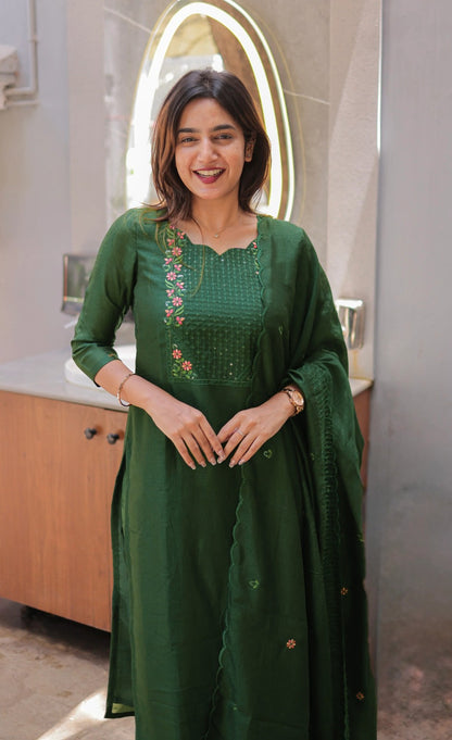 Emerald Green Cotton Kurta Set with Chanderi Dupatta for Women