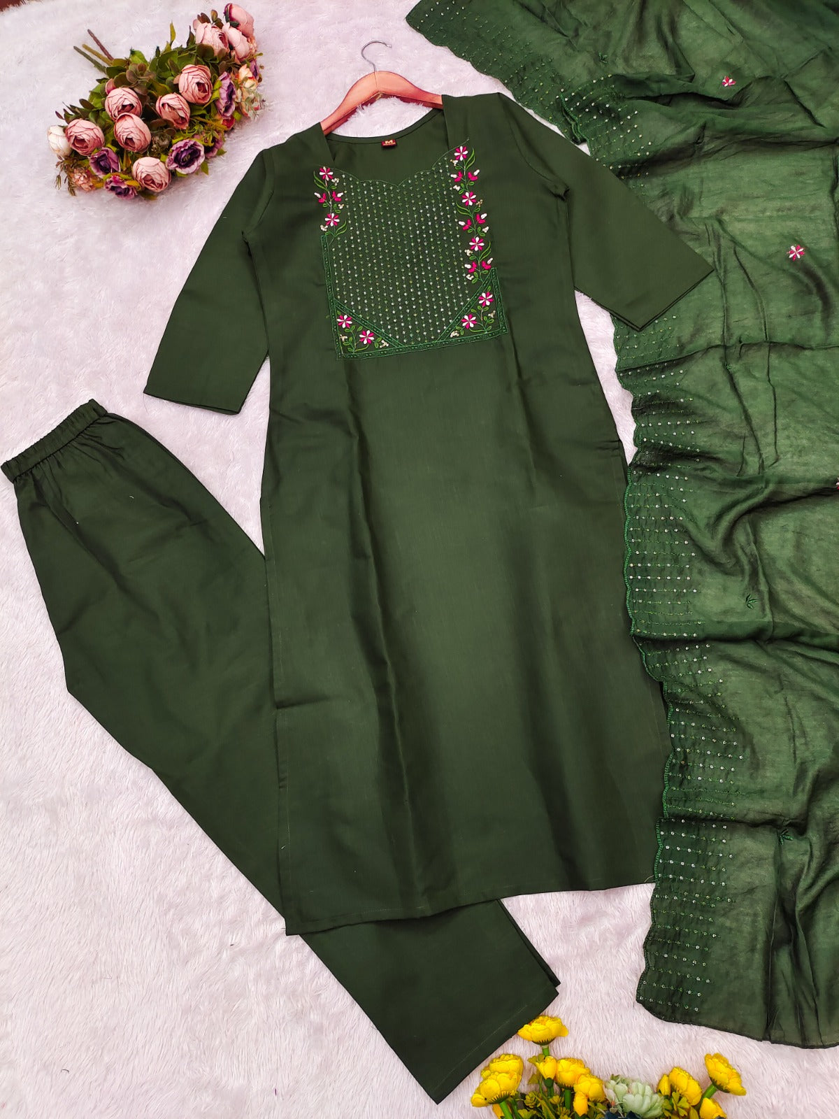 Emerald Green Cotton Kurta Set with Chanderi Dupatta for Women