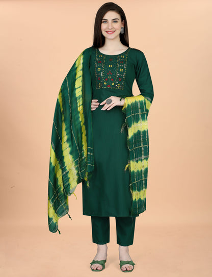 Emerald Green Embroidered Kurta Pant Dupatta Set for Women