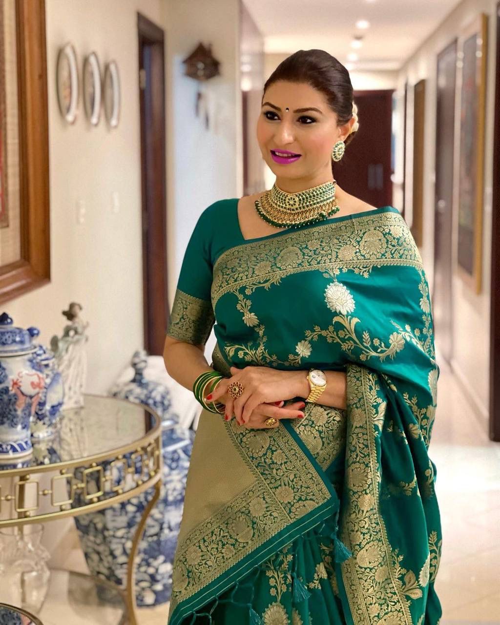 Emerald Green Lichi Silk Saree with Rich Golden Zari for Women