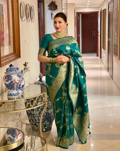 Emerald Green Lichi Silk Saree with Rich Golden Zari for Women