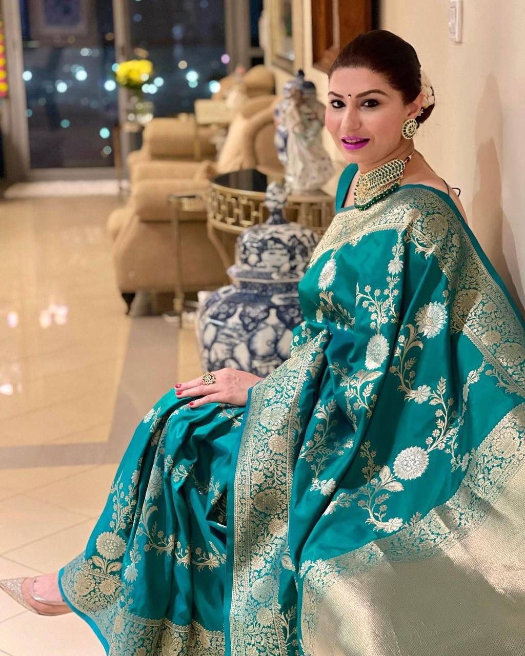 Emerald Green Lichi Silk Saree with Rich Golden Zari for Women