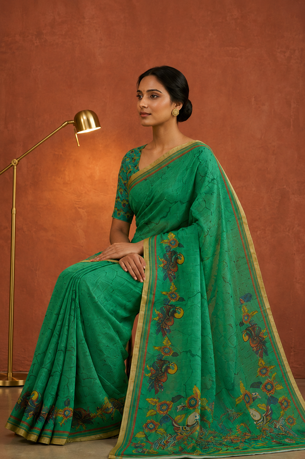 Buy Emerald Green Linen Blend Digital Print Saree with Blouse