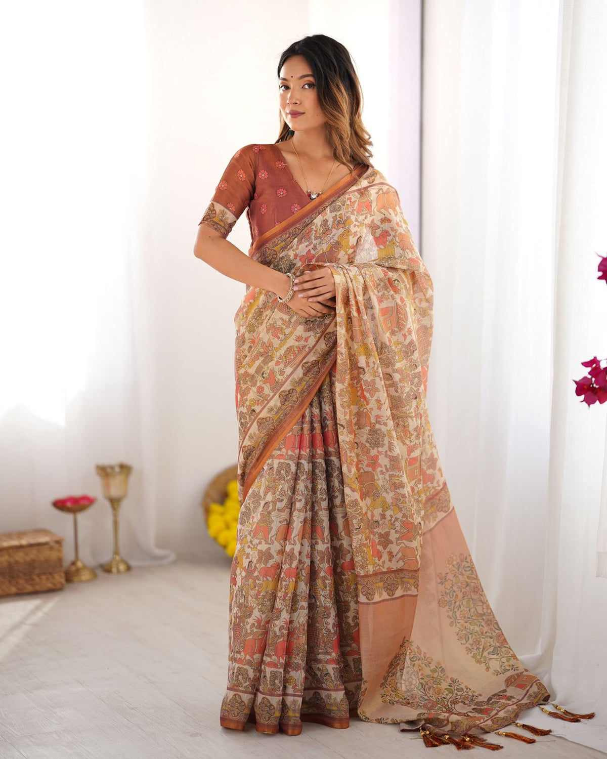 Ethnic Beige Cotton Linen Saree with Village Art Design for Women